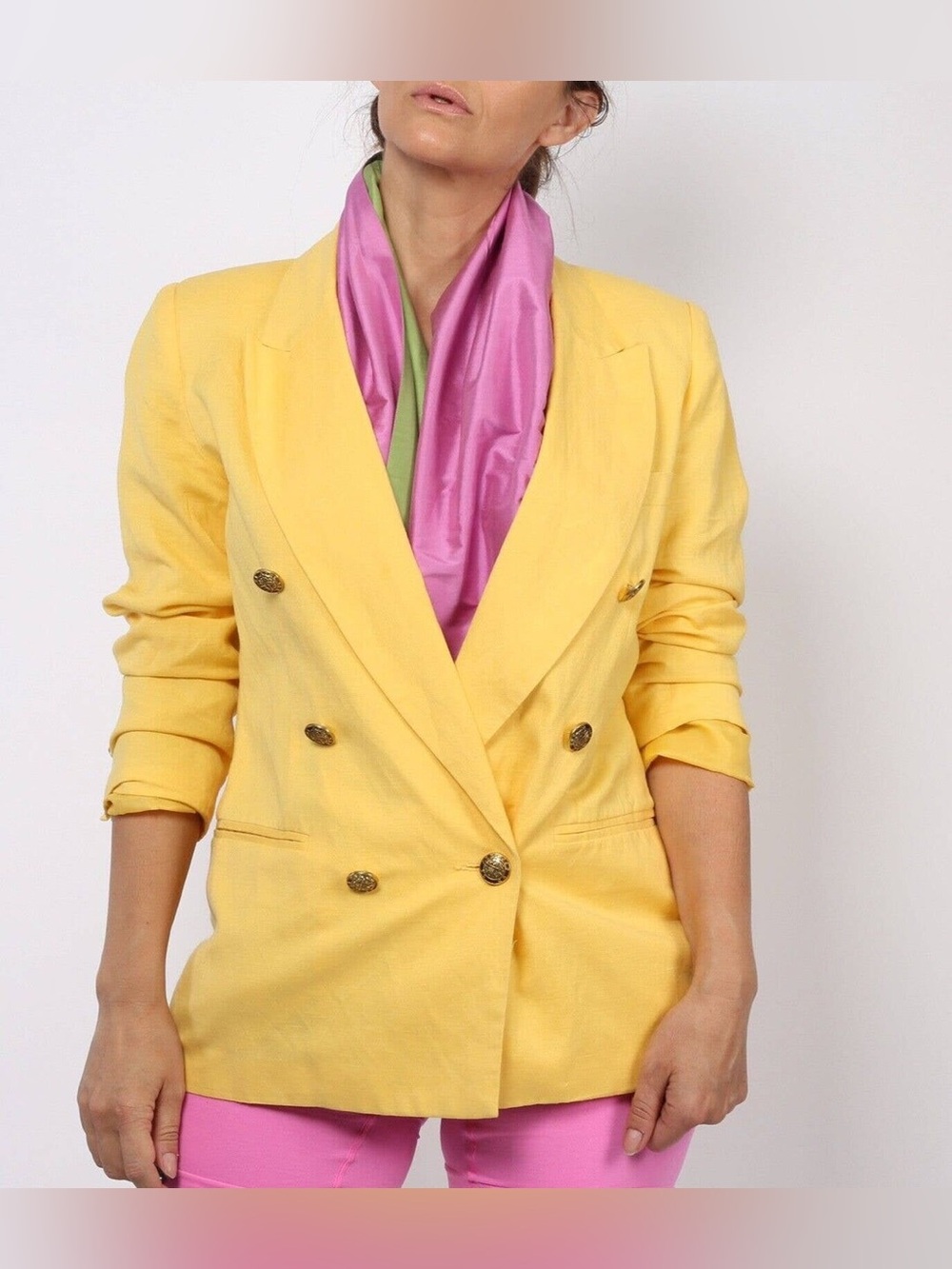 Adolfo Studio Yellow Linen Double Breasted Blazer‎ Jacket Size 26W